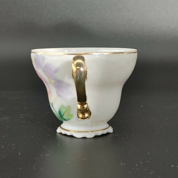 Vintage White Pink Floral Porcelain Golden Rim Footed Tea Cup With Handle - Picture 8 of 10